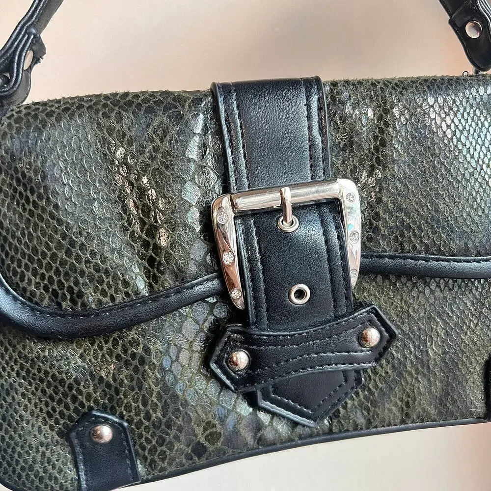 NEW Green Faux Leather Snake Print Rhinestone Buckle Handbag
